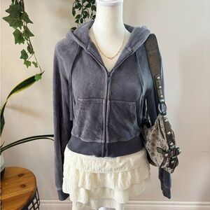 Brandy Melville Plush Zip-Up Hoodie in Charcoal